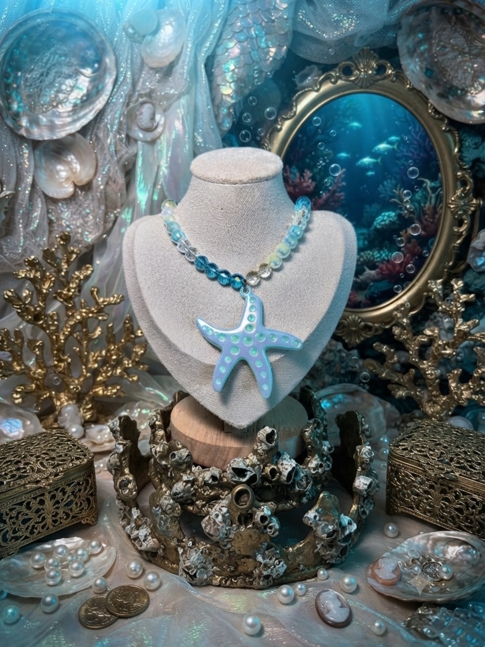 One of a Kind Mermaidcored Blue Starfish Pendant Necklace -Women’s Beach Jewelry